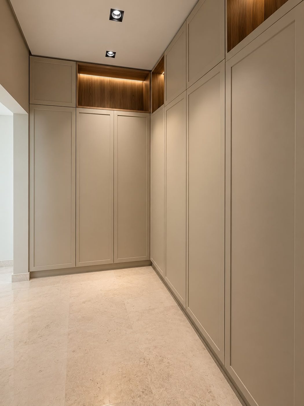 Floor-to-ceiling handleless cabinets in a soft beige finish with a lit walnut niche at the top