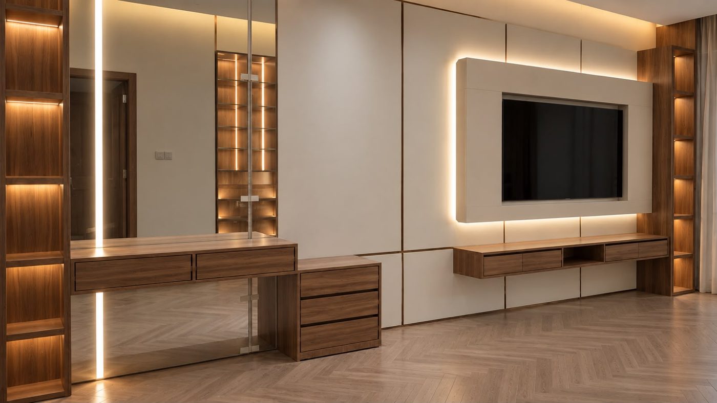 Walnut dressing console with a full-height mirror and lit shelving columns beside a backlit TV panel