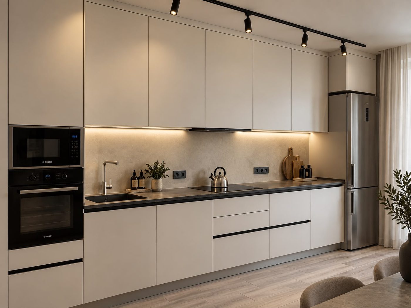 Straight-line cream kitchen with handleless cabinets, built-in ovens, dark worktop and under-cabinet lighting