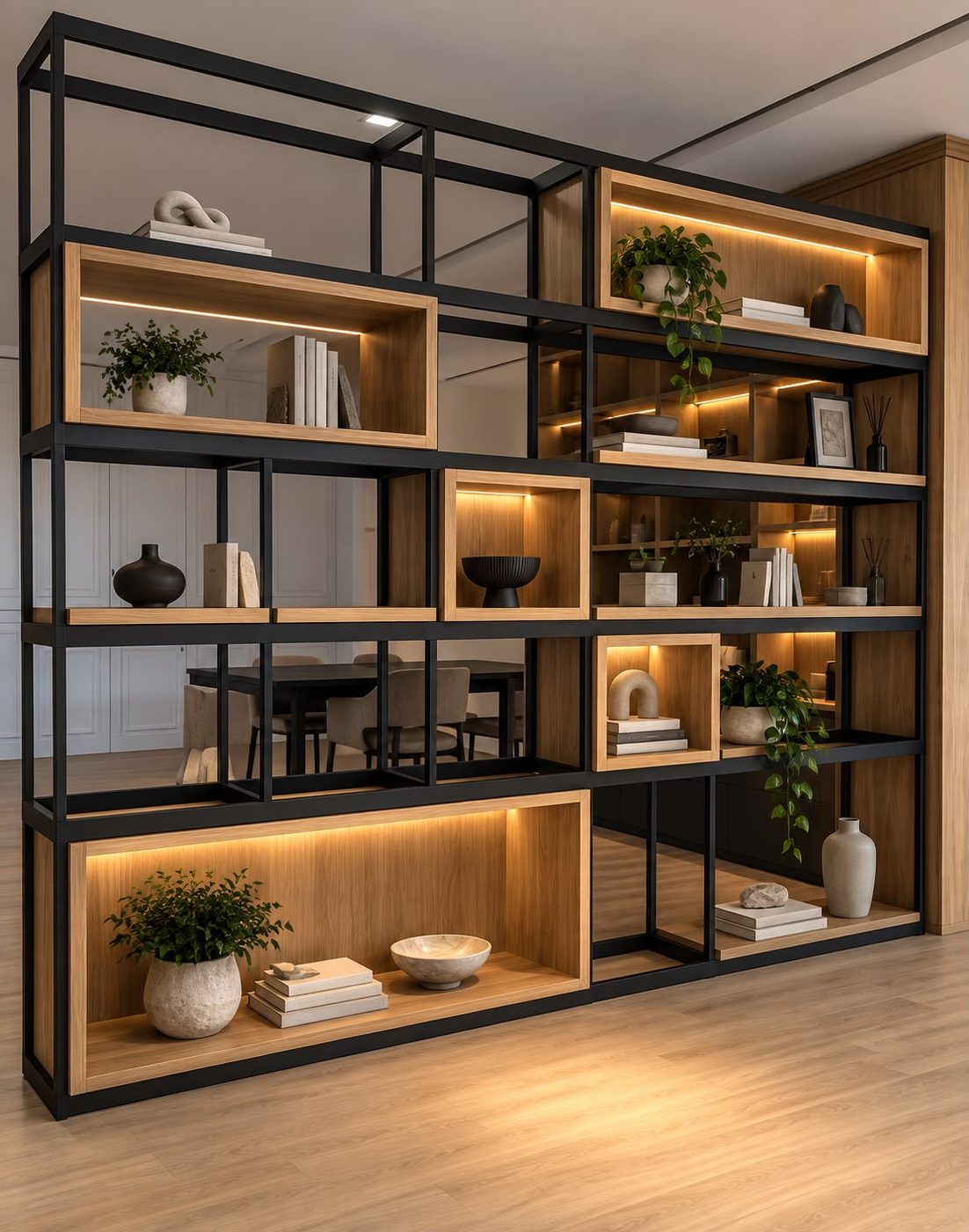 Open shelving partition with a black metal frame and lit walnut display boxes dividing the living area