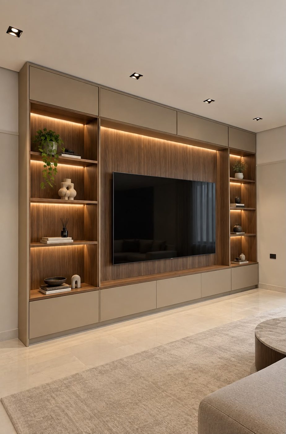 TV wall with a walnut panel, lit shelving niches and low beige cabinets