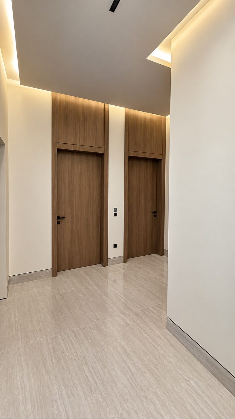 Pair of walnut doors with full-height overpanels at the end of a lit corridor