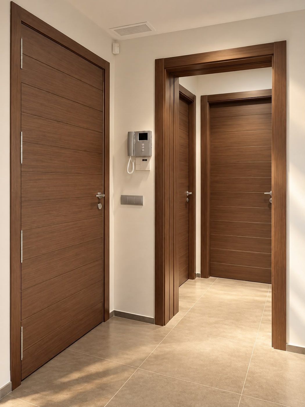 Tall grooved walnut entrance door with brushed steel inlay lines and matching doors beyond