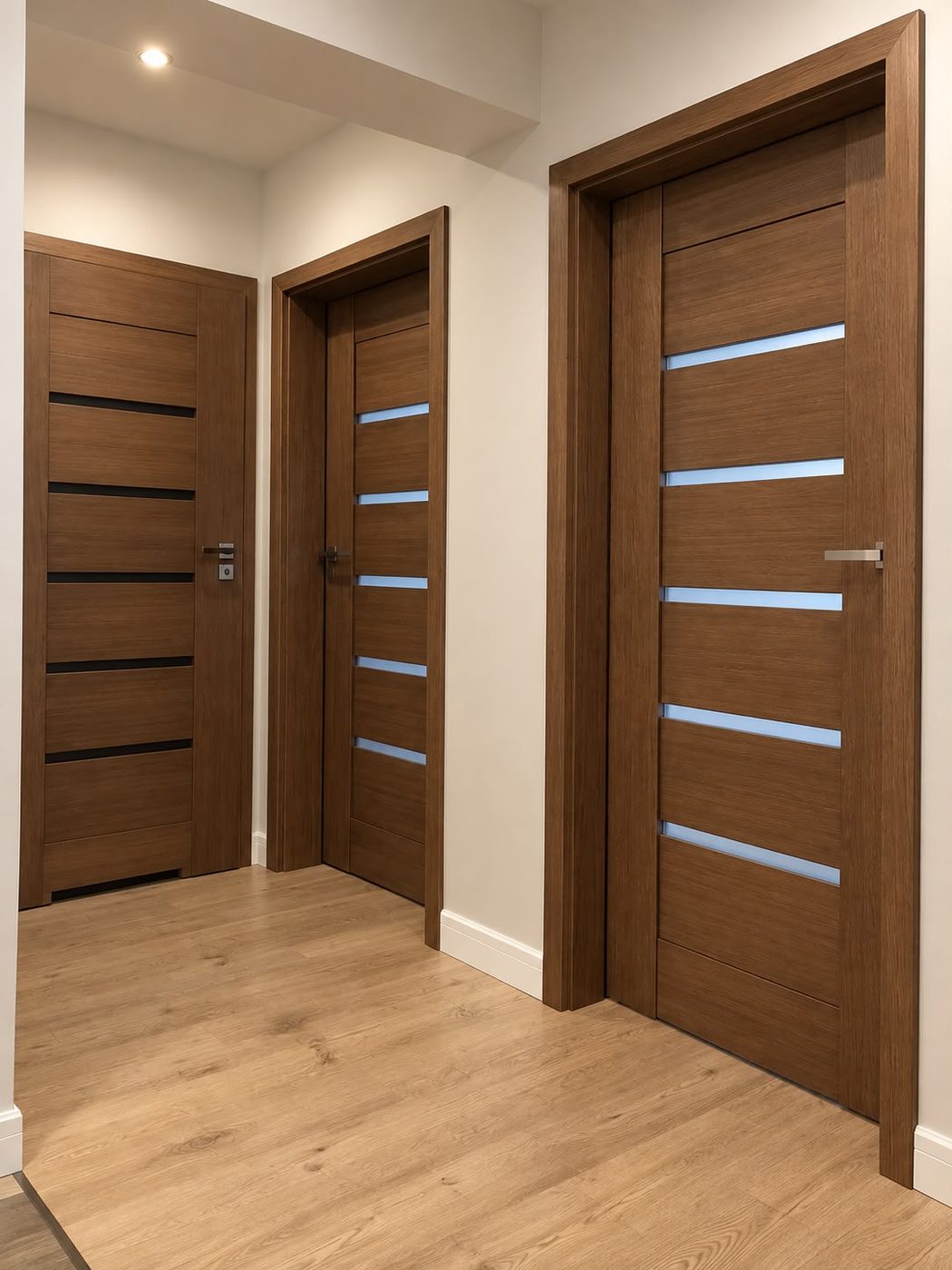 Walnut doors with horizontal frosted glass strips and matching frames