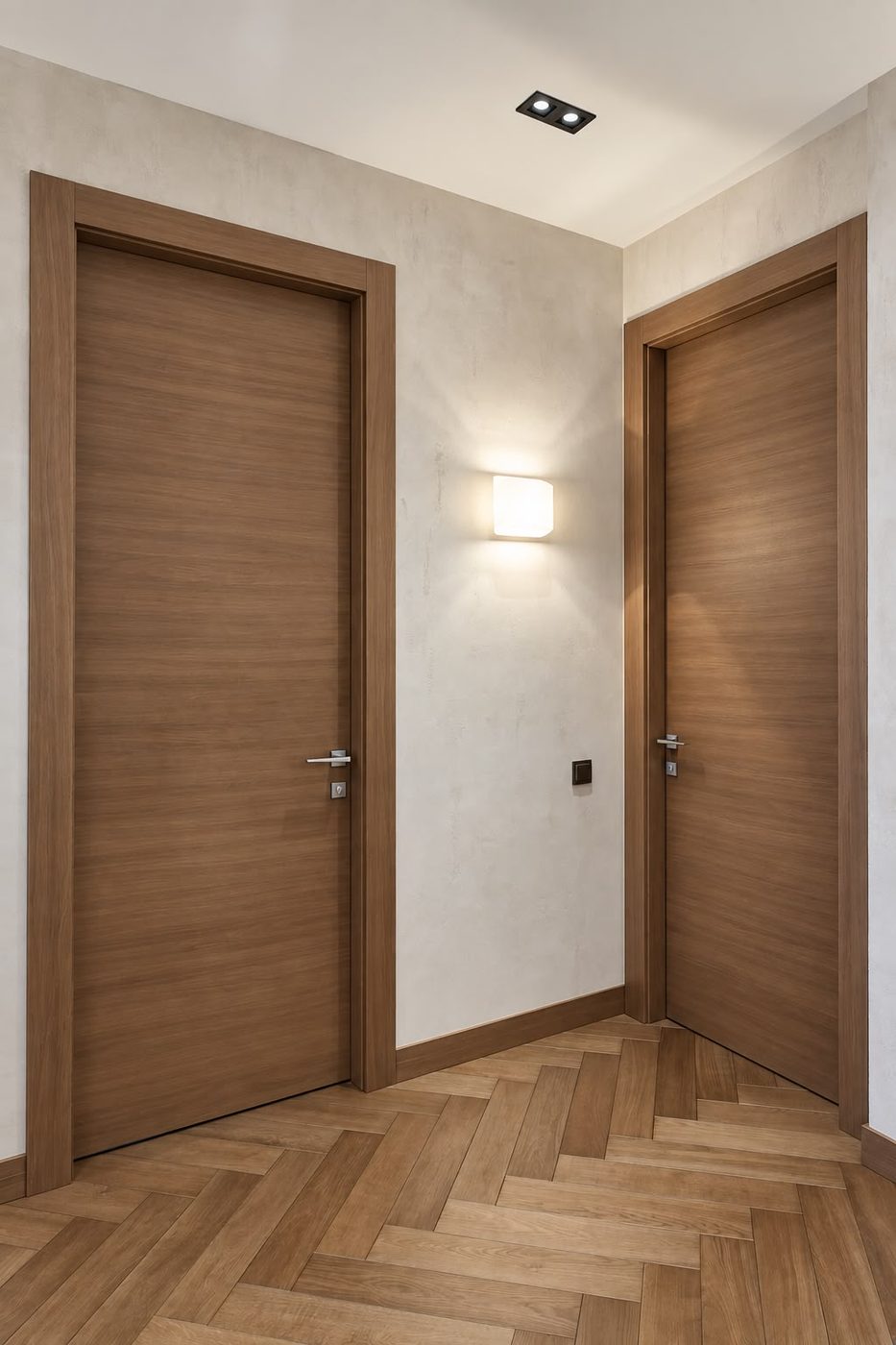Two walnut doors with matching frames above a herringbone wooden floor