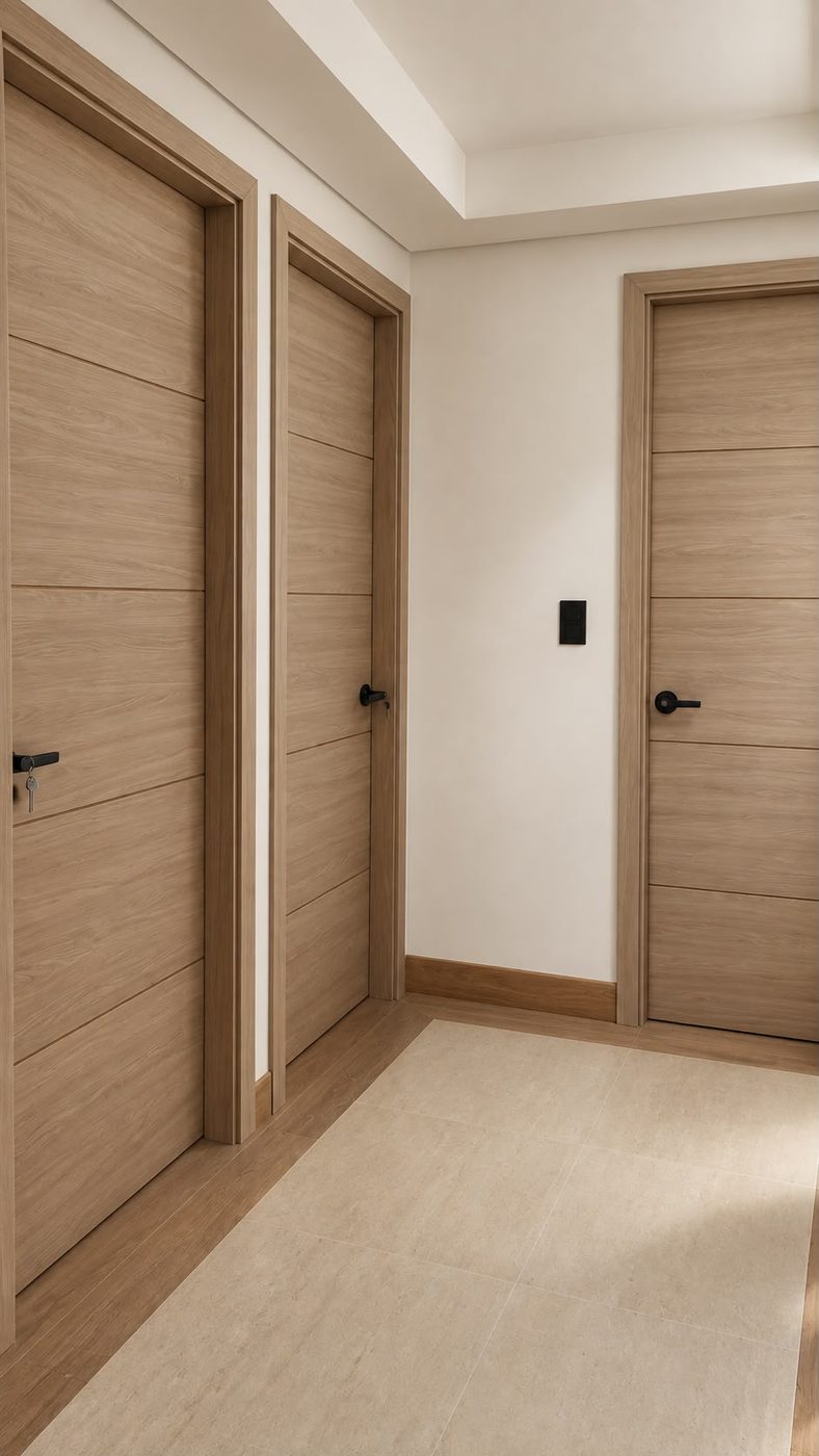 Grooved light oak doors with matching frames along a hallway