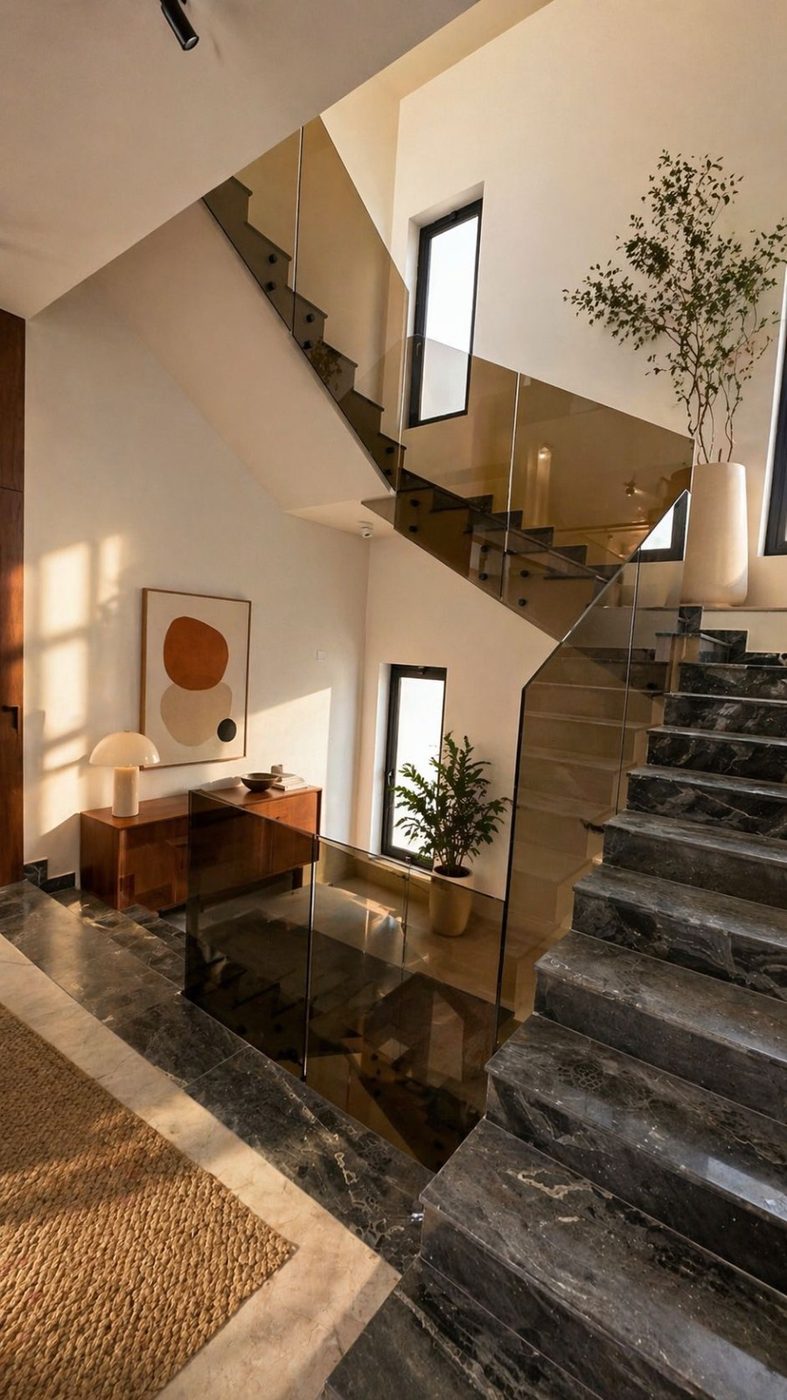 Frameless glass balustrade running along a dark marble staircase in a double-height hall