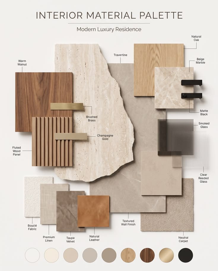 Material board with travertine, natural oak, walnut, fluted wood, marble, smoked glass, brass and fabric samples