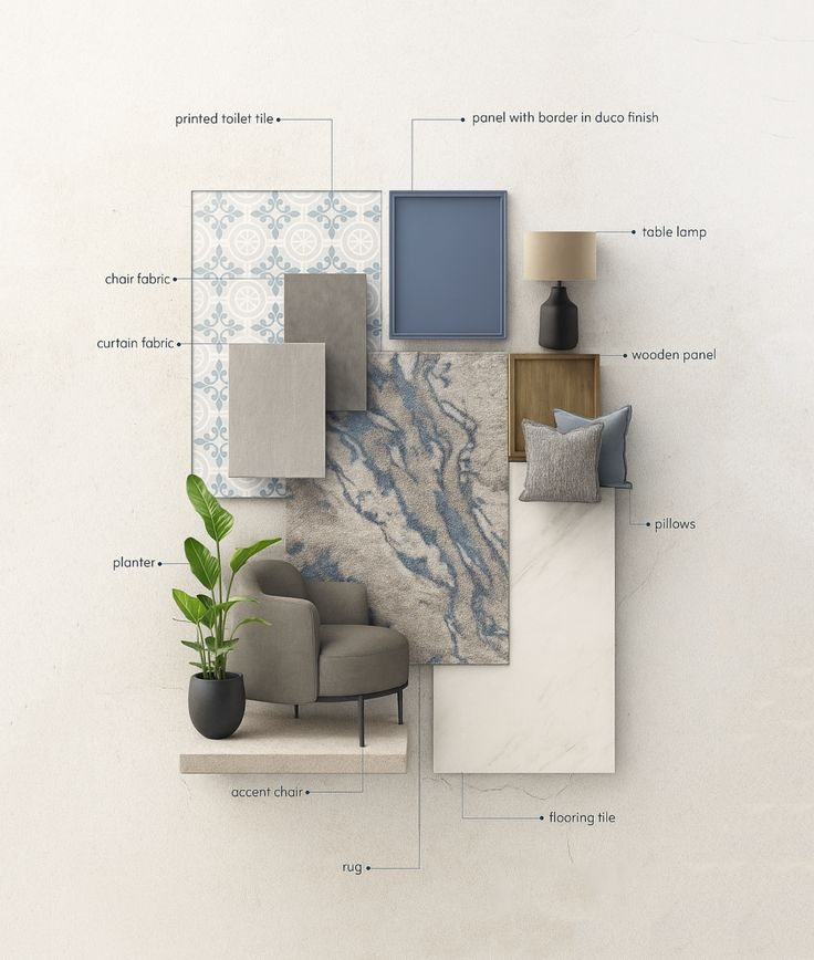 Mood board with a patterned tile, blue marble, wooden panel, accent chair and soft furnishings