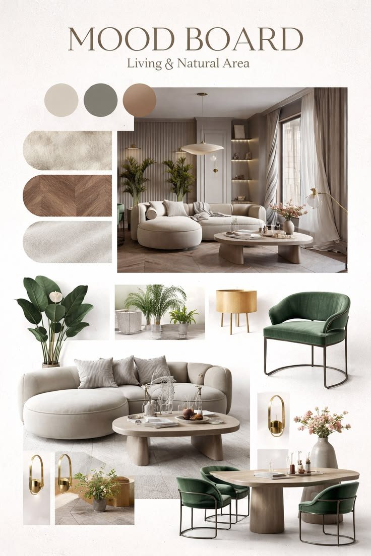 Mood board for a living and dining area with warm neutral fabrics, curved furniture and green accents