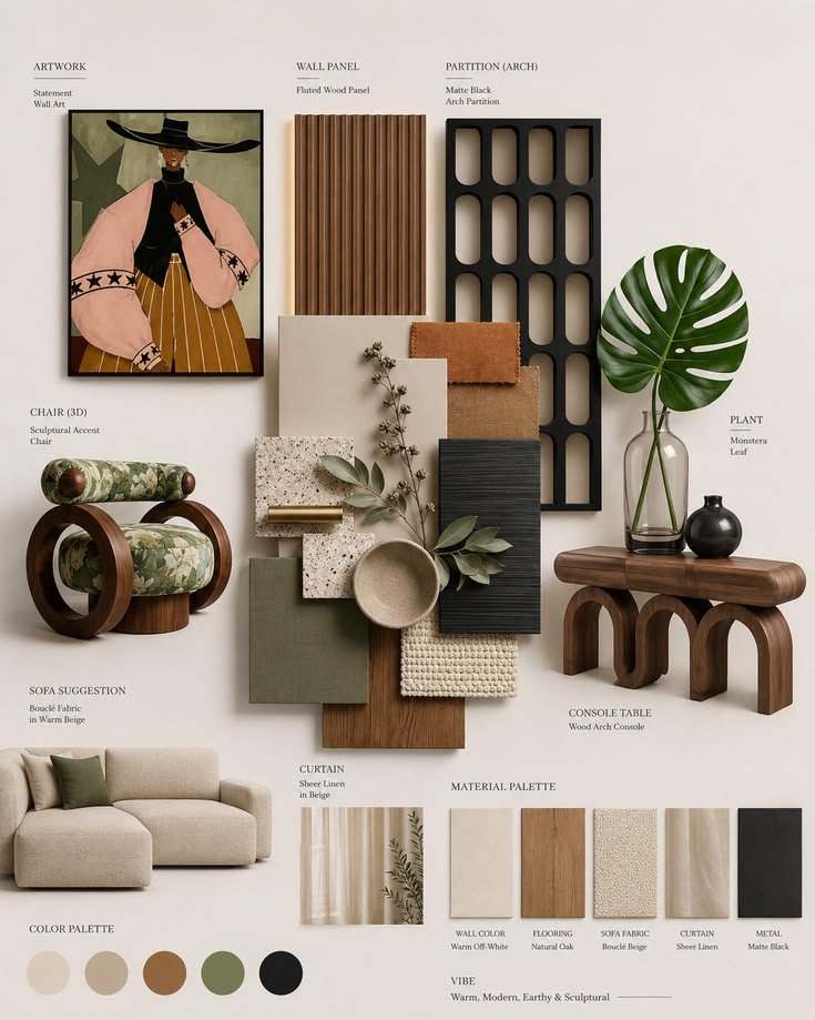 Mood board with fluted wood panel, black partition, sculptural chair, console table and a warm neutral palette