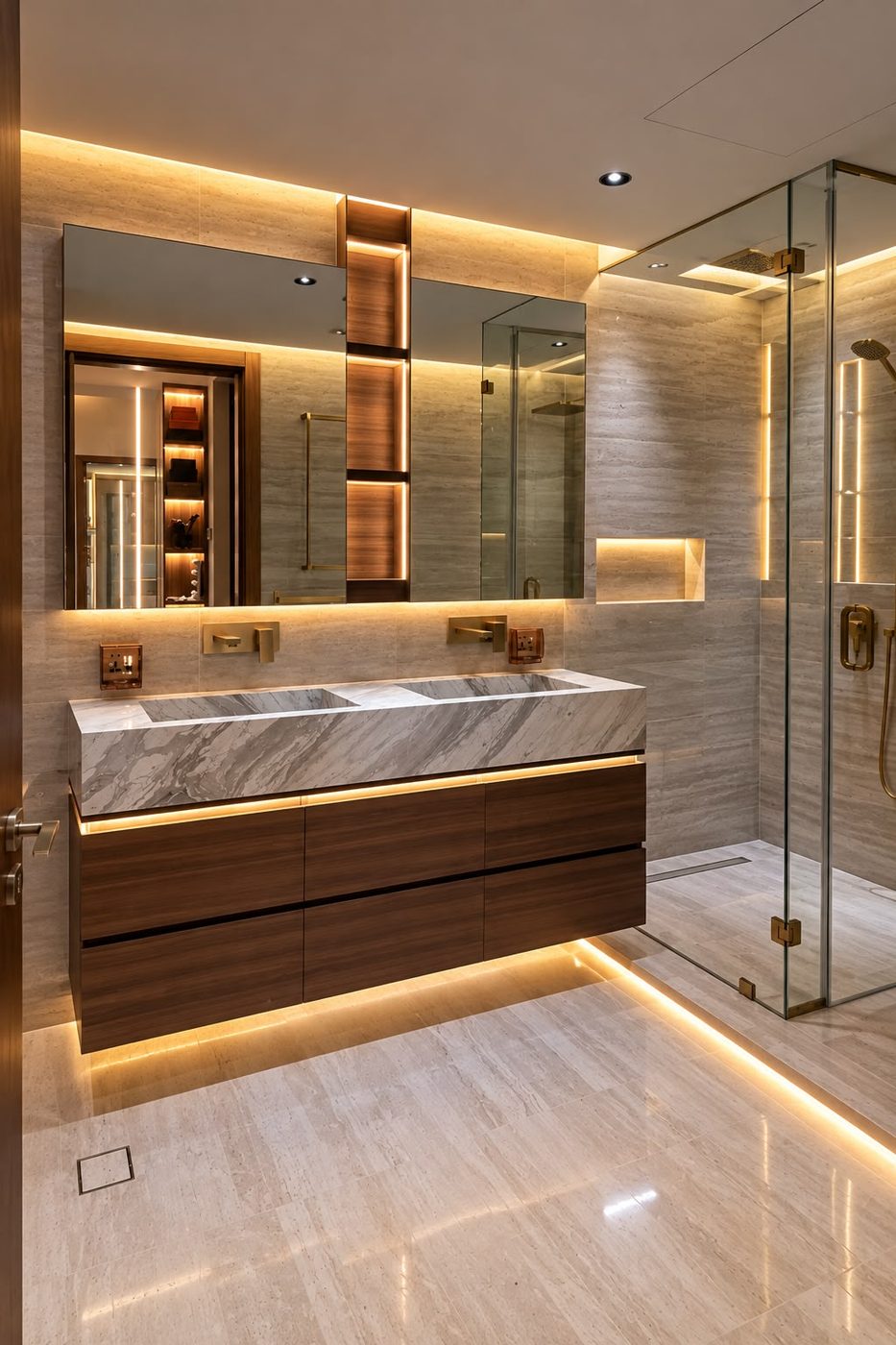 Floating double vanity with a marble basin top, walnut drawers, backlit mirror and glass shower beside it