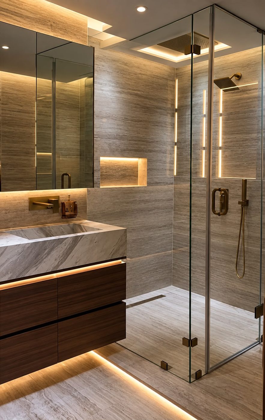 Marble-topped floating walnut vanity with under-lighting next to a frameless glass shower