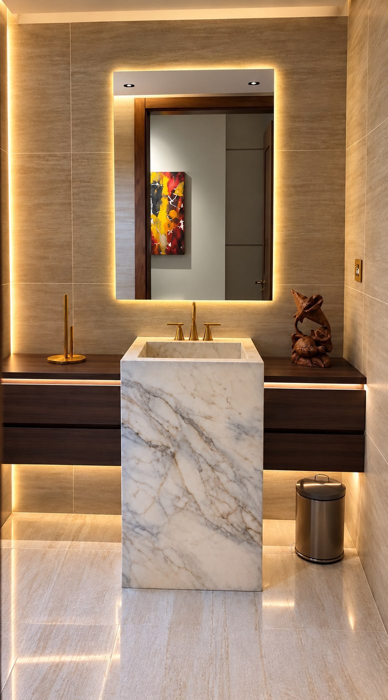 Powder room with a marble pedestal basin, walnut counter, brass taps and a backlit mirror