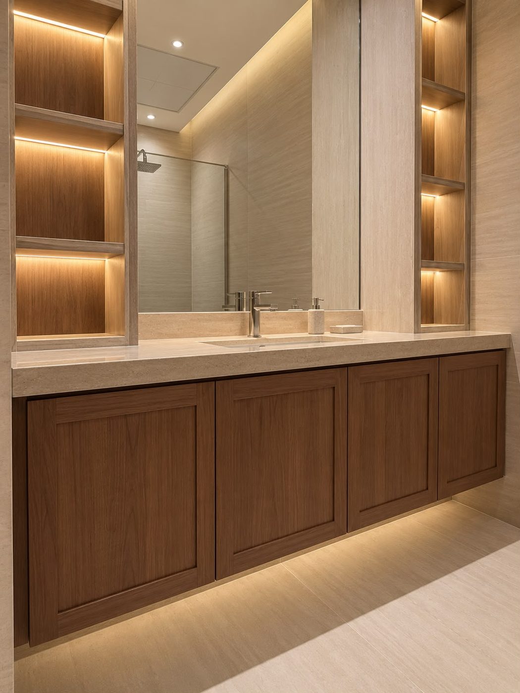 Long walnut vanity cabinet with shaker doors, stone top and lit shelving niches either side of the mirror