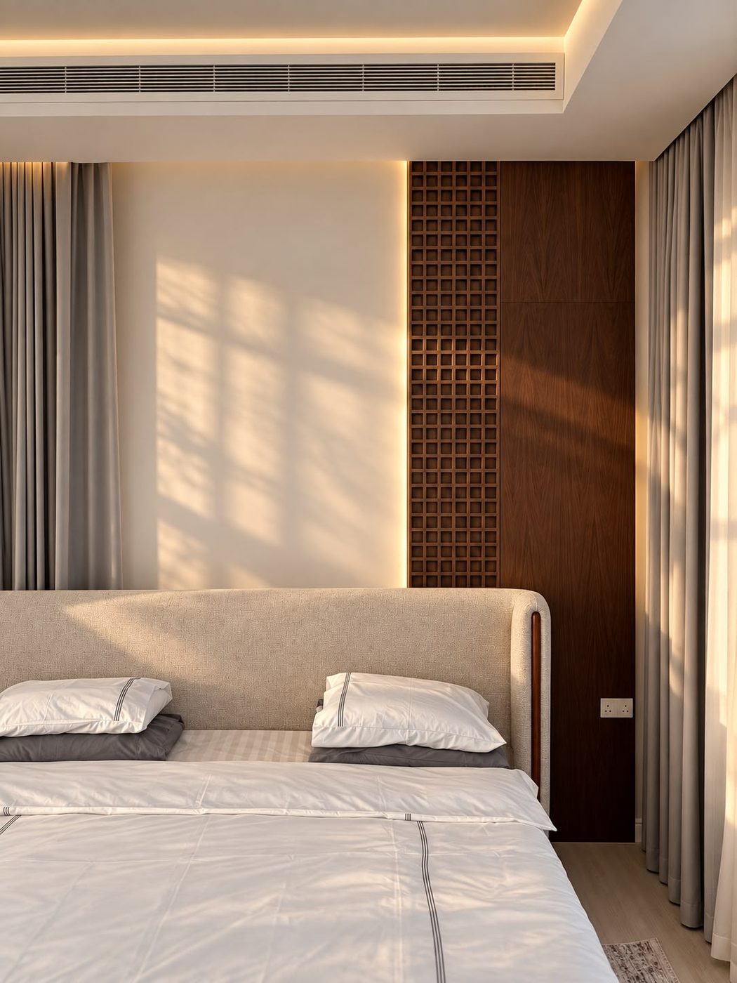 Close view of a walnut lattice wall panel beside an upholstered headboard in warm light