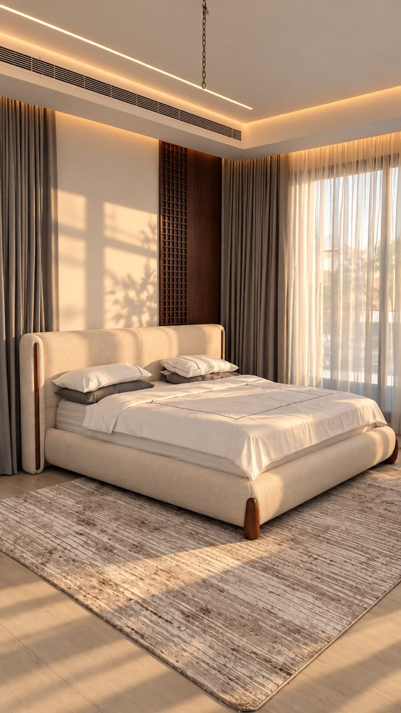 Master bedroom with an upholstered bed, walnut lattice wall panel, sheer curtains and cove lighting