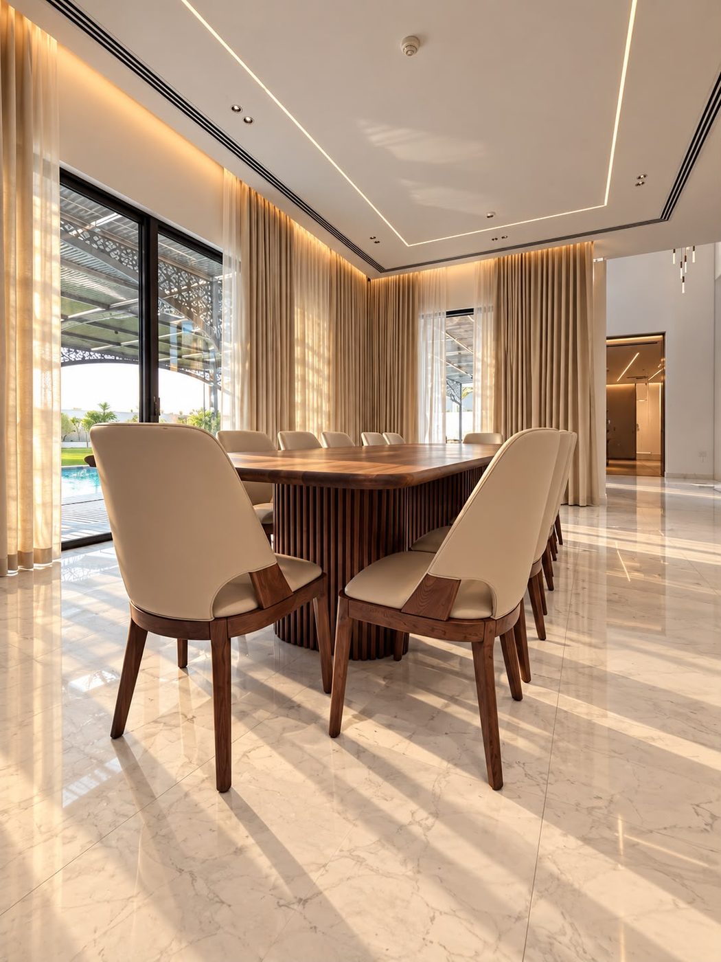 Dining room with a long walnut table on a fluted base, upholstered chairs and cove-lit ceiling