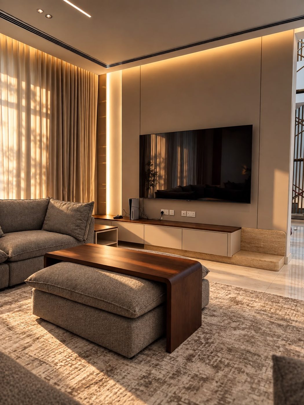 Family lounge with a low TV unit, walnut coffee table over an ottoman, grey sofa and cove lighting