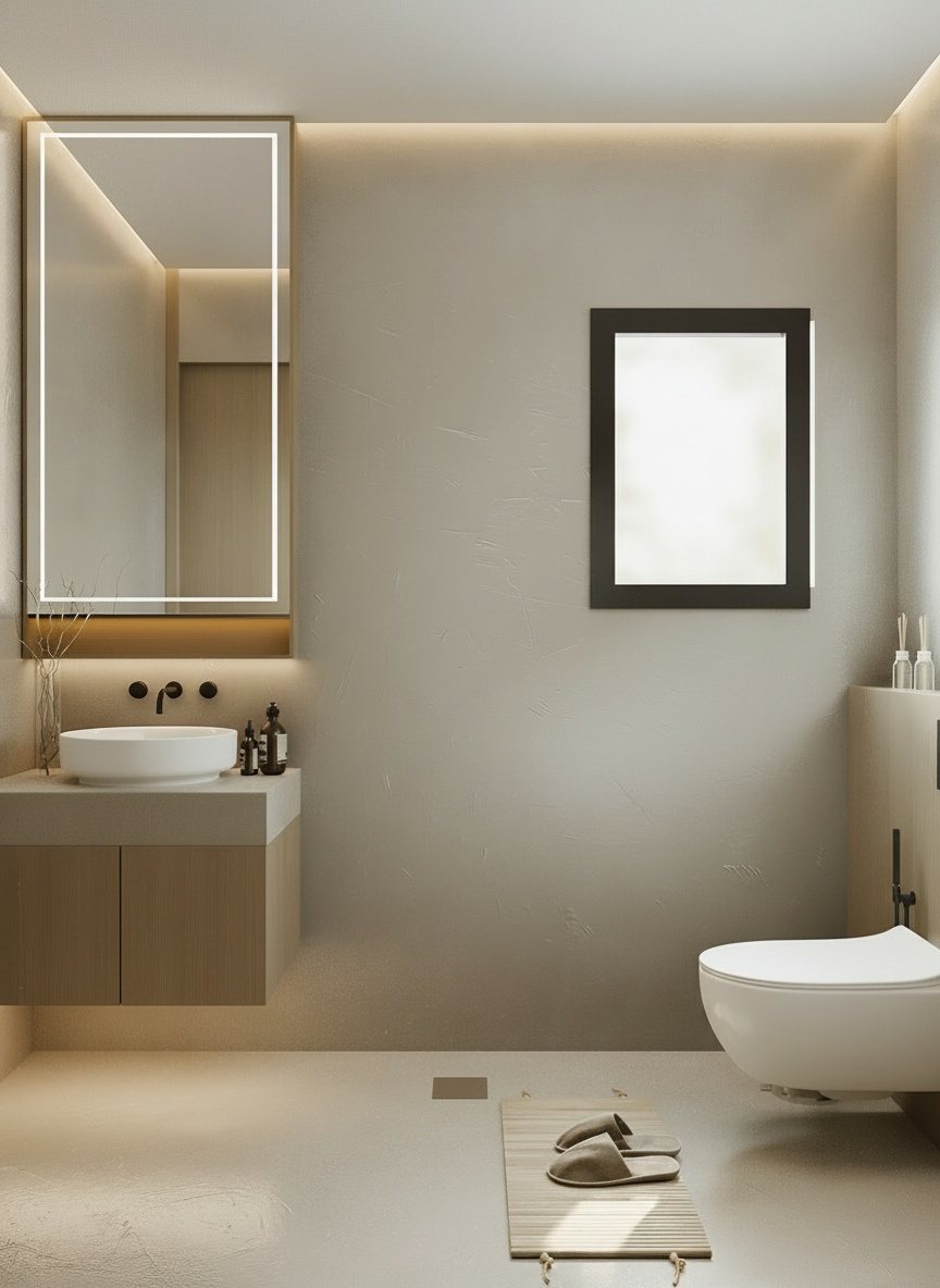 3D render of a bathroom with a backlit mirror, vessel basin and floating oak vanity