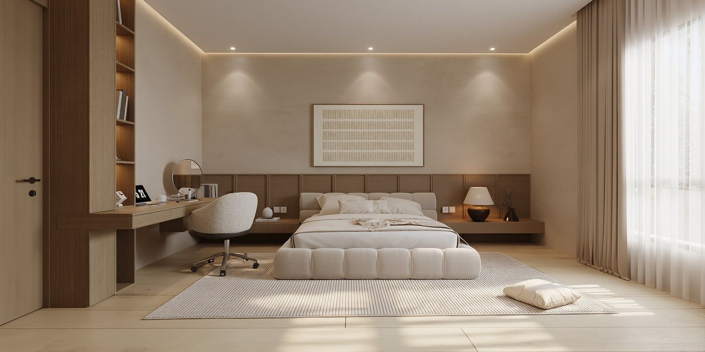 3D render of a bedroom with a built-in study desk, oak bookshelves and a quilted bed