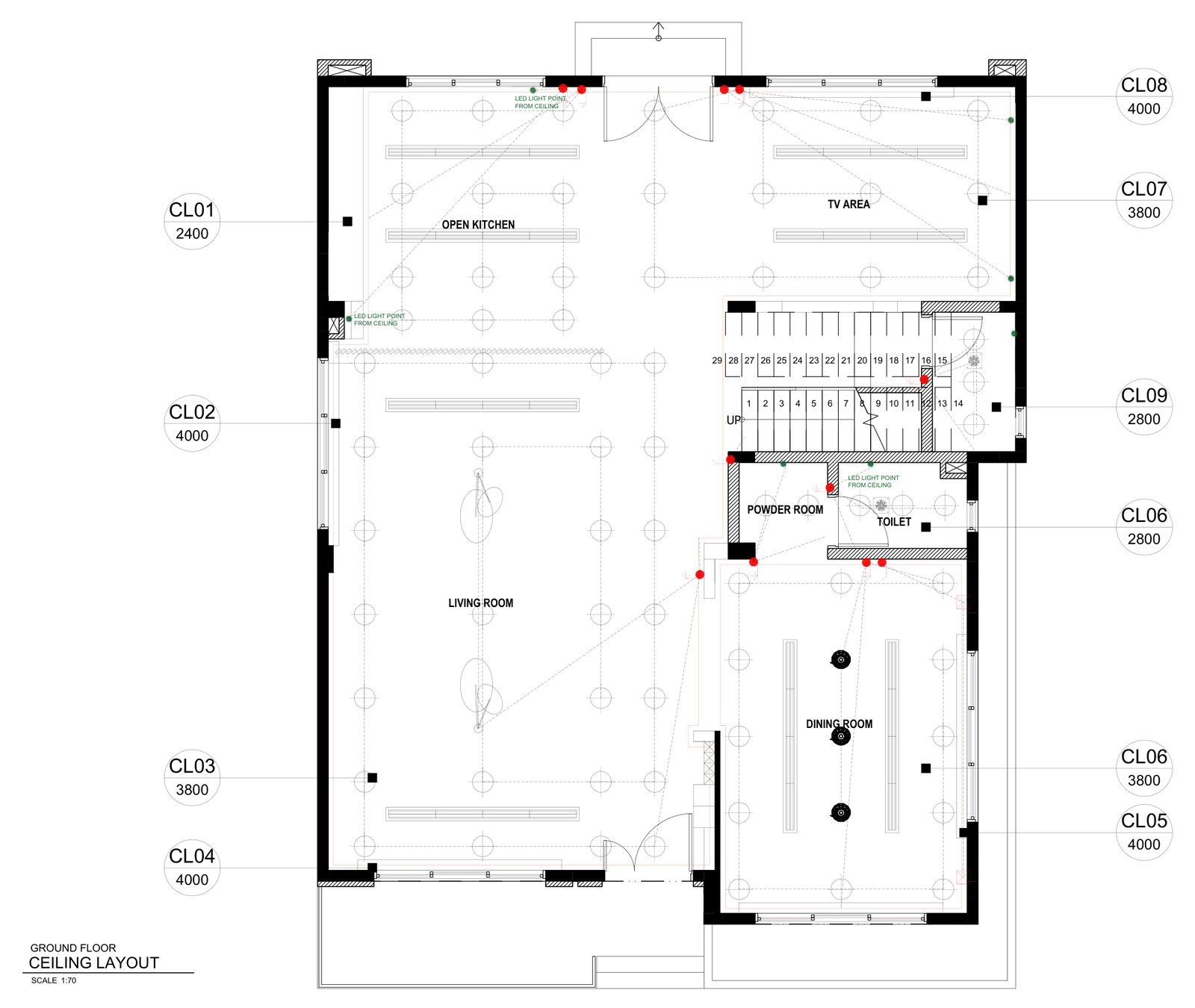 2D ceiling layout of a villa ground floor with ceiling levels and light positions