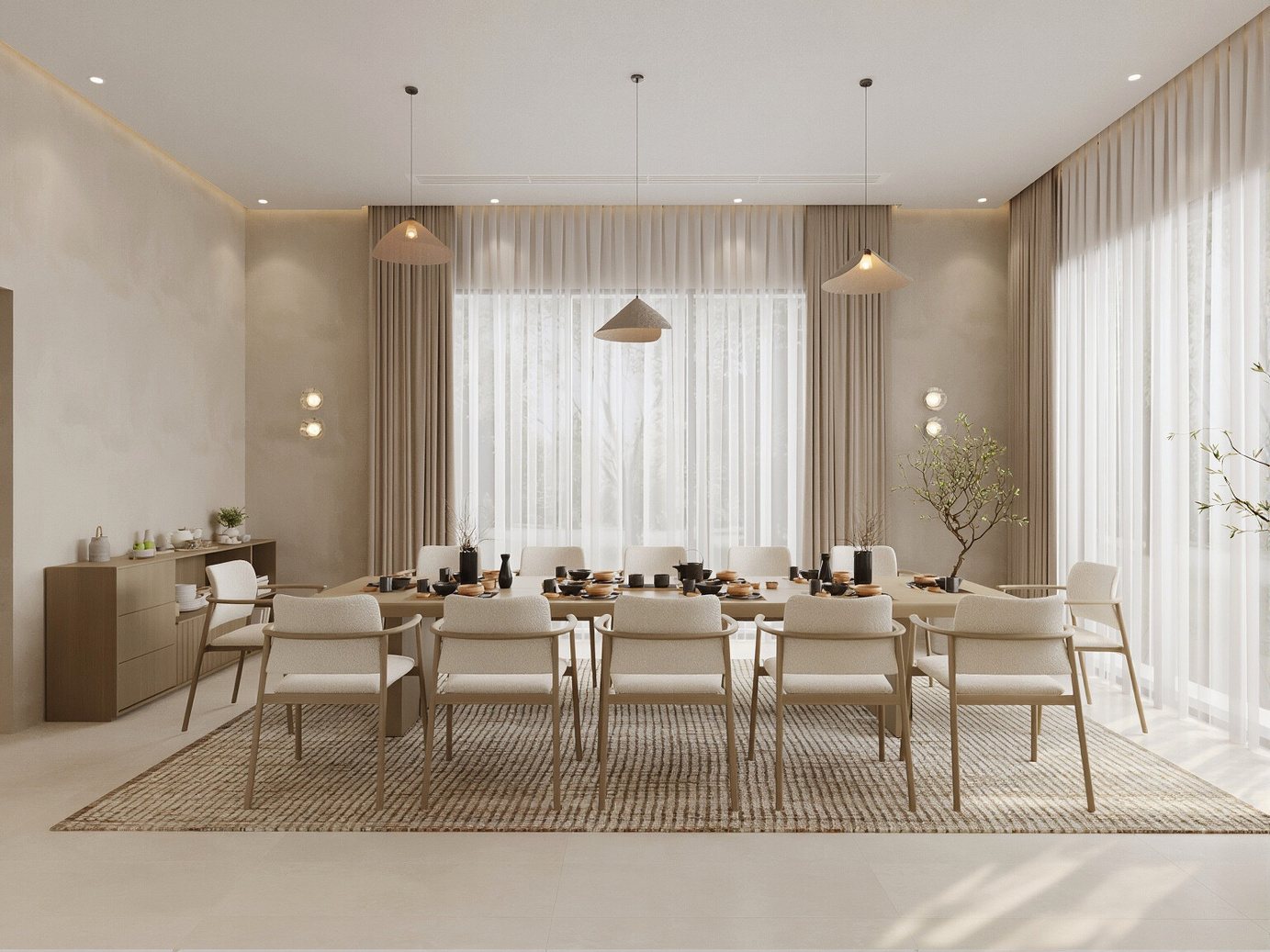 3D render of a villa dining room with a ten-seat oak table, upholstered chairs and pendant lights