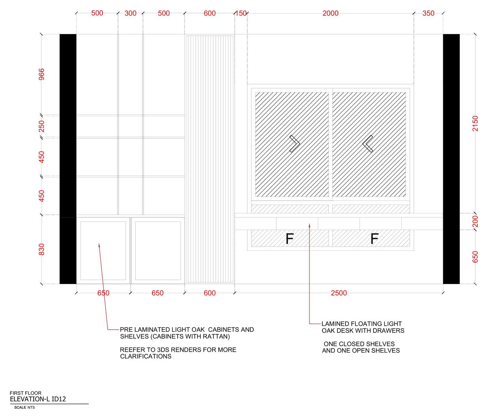 Dimensioned working drawing of a study wall with oak cabinets, shelves and a floating desk with drawers