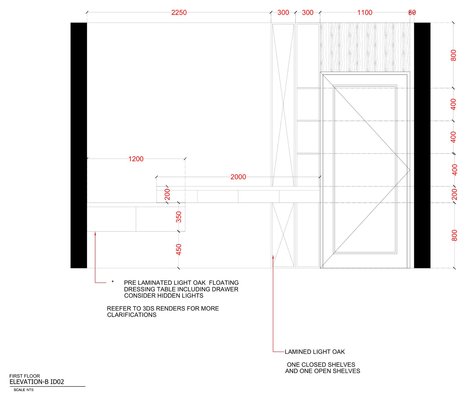Dimensioned working drawing of a floating oak dressing table with drawers and hidden lighting