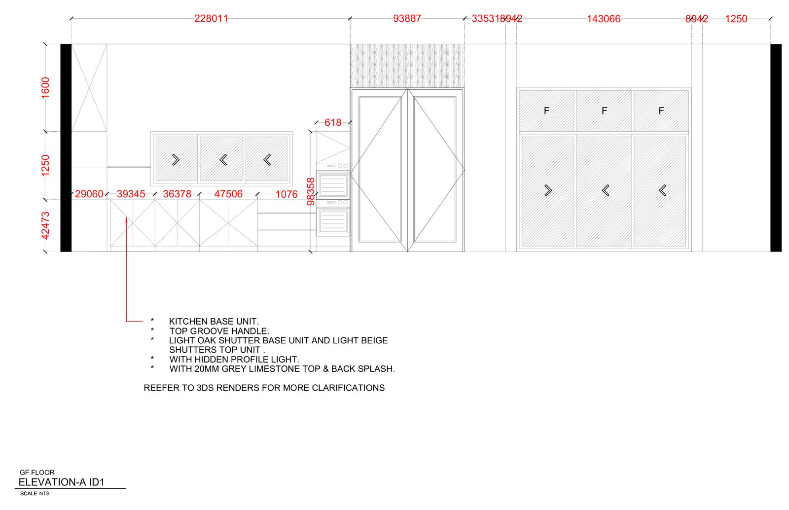 Dimensioned working drawing of a kitchen wall elevation with base units, tall units and specification notes