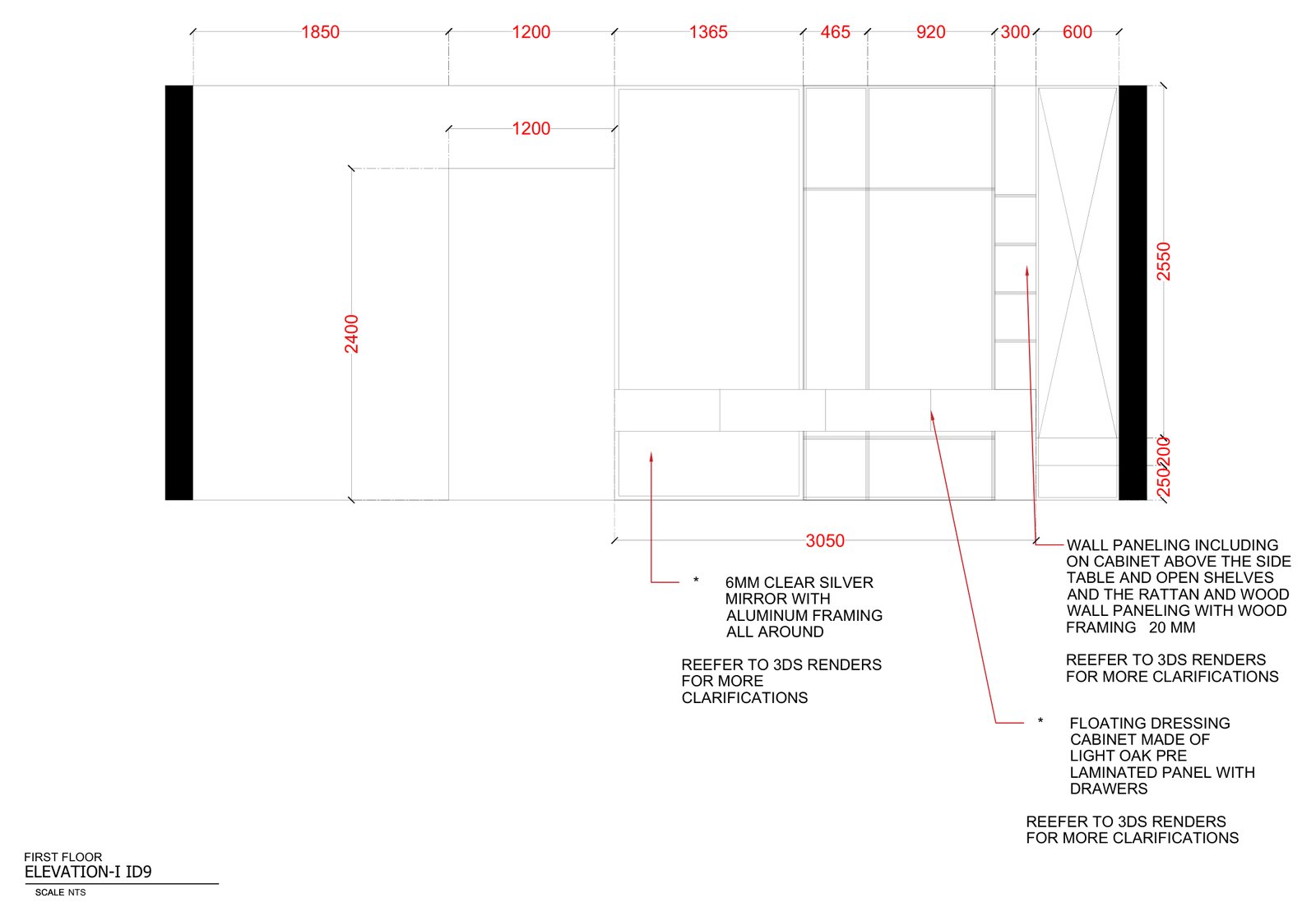 Dimensioned working drawing of a wall with a silver mirror, rattan and wood panelling and a floating cabinet