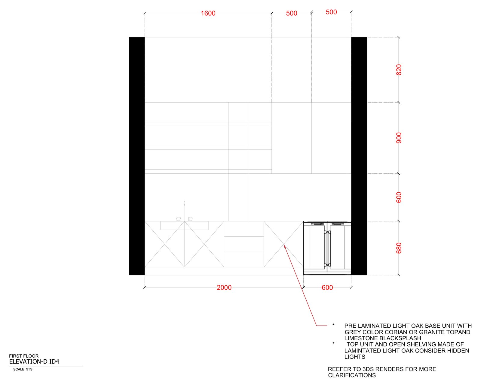 Dimensioned working drawing of a pantry wall with oak base units, a limestone backsplash and open shelving