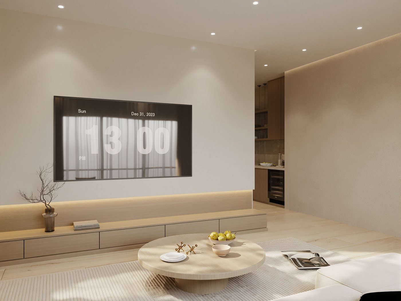 3D render of an upstairs TV lounge with a low oak media unit, round coffee table and soft rug