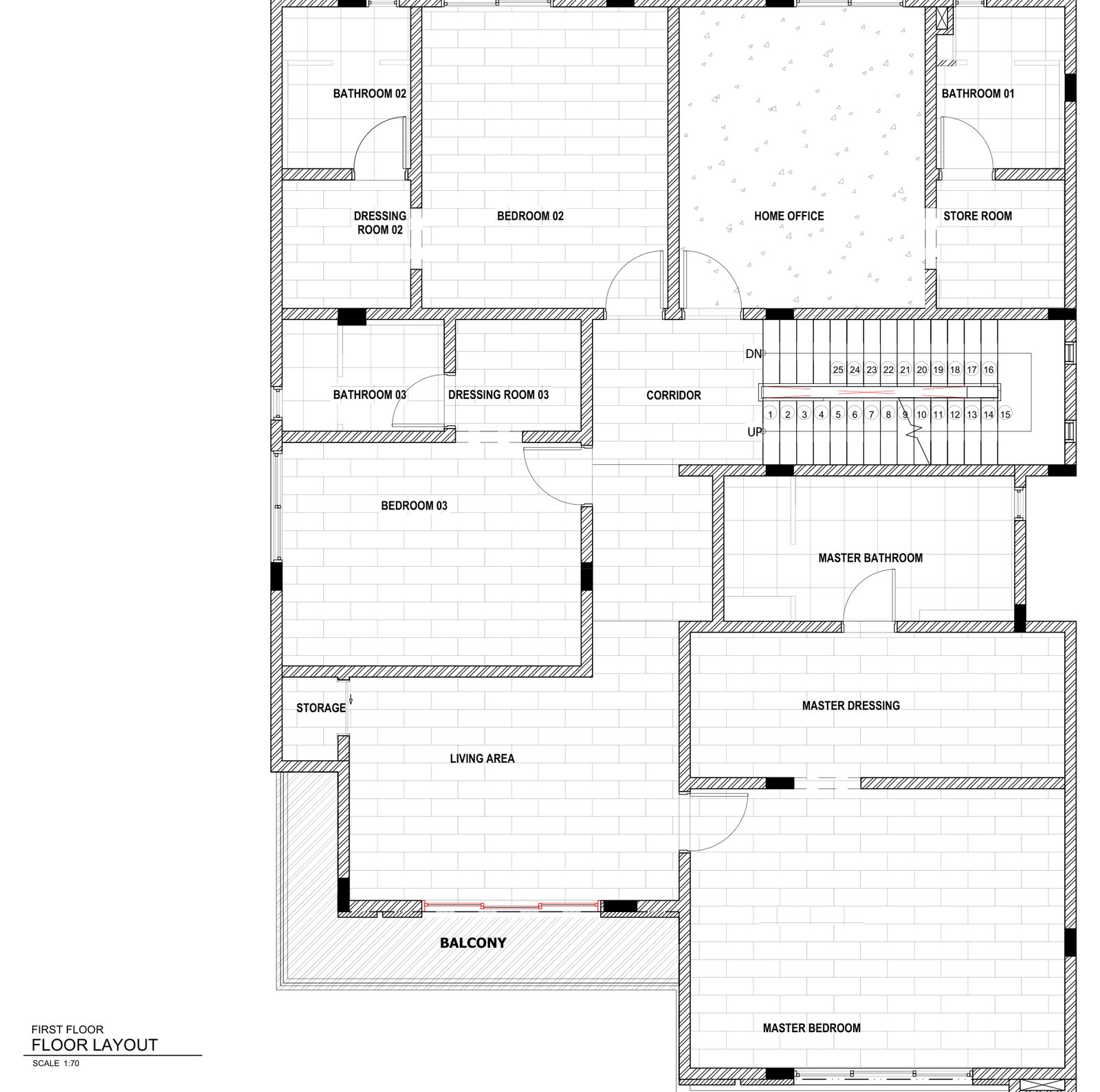 2D flooring layout drawing of a villa first floor showing the tile setting-out