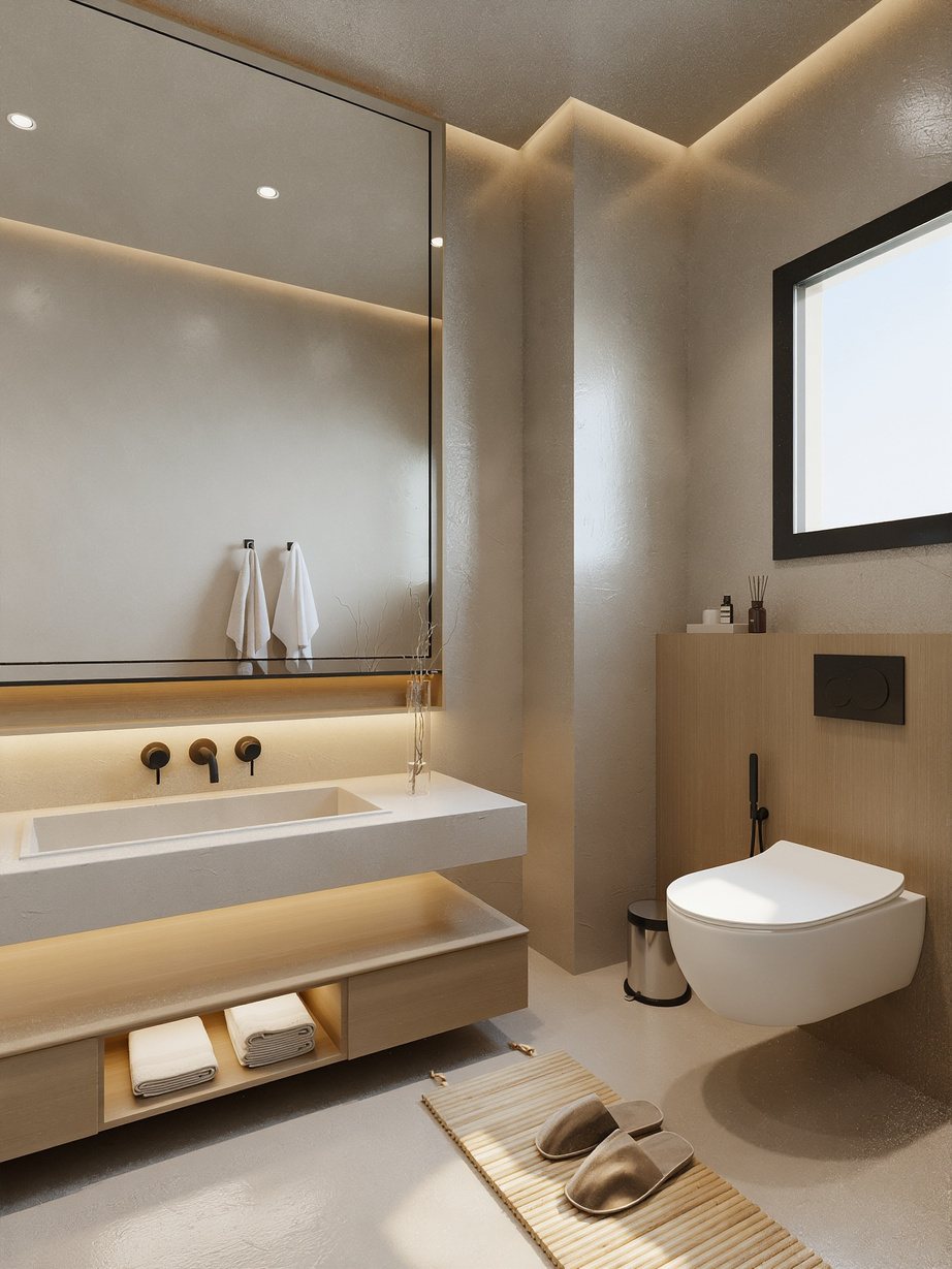 3D render of a guest bathroom with a stone basin, oak vanity unit and warm cove lighting