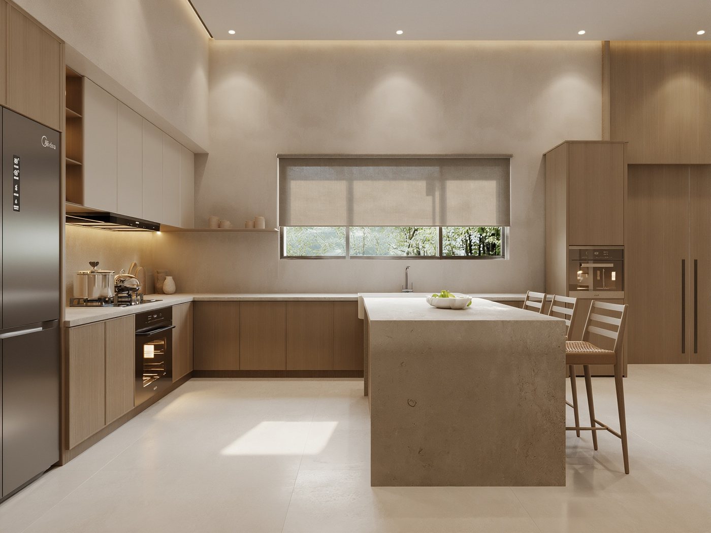 3D render of an open villa kitchen with oak cabinetry, a stone island and built-in appliances