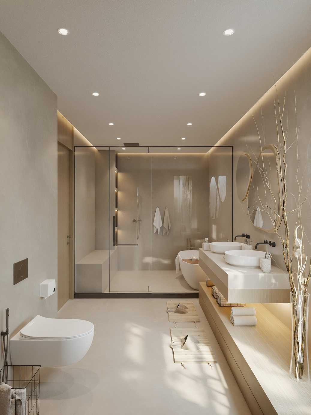 3D render of a master bathroom with a glass walk-in shower, floating vanity and warm cove lighting