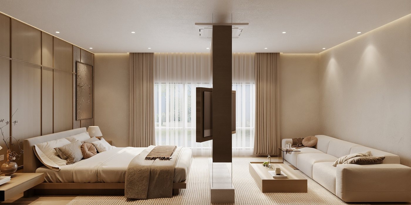 3D render of a master suite with the bed, a sitting area and an oak-clad column