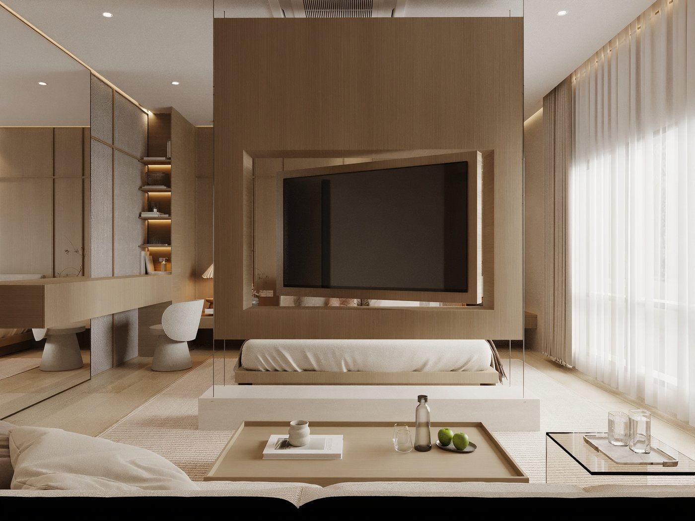 3D render of a master bedroom with a freestanding oak TV wall facing the bed