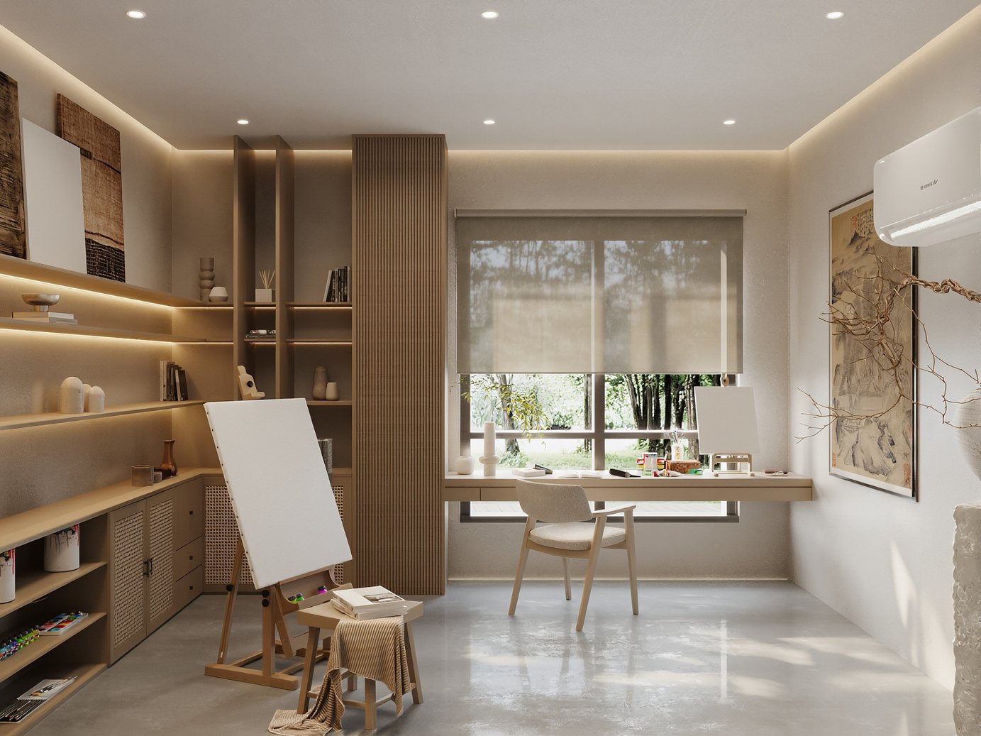 3D render of a home office and art studio with lit oak shelving, a desk by the garden window and an easel