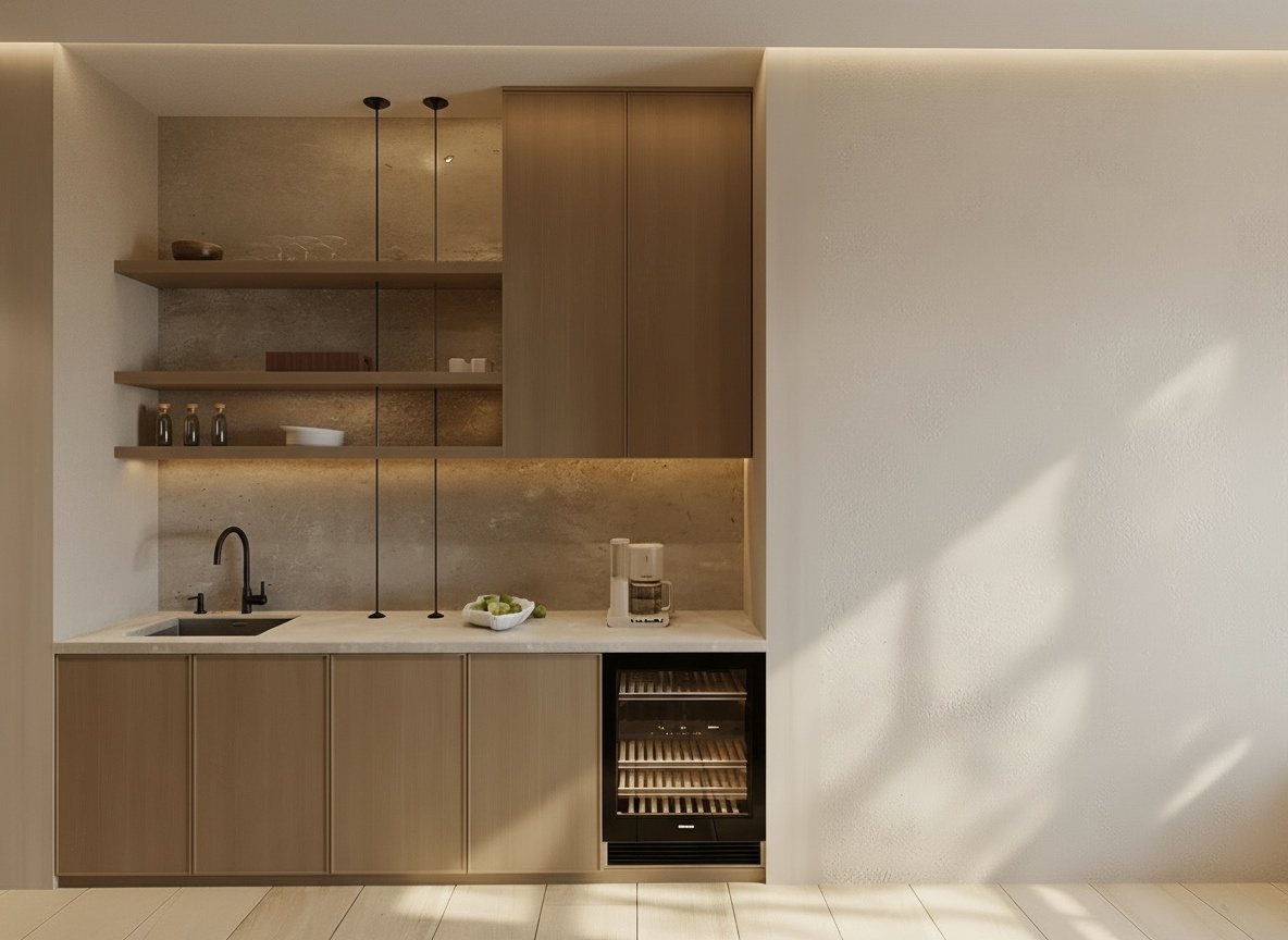 3D render of a pantry with oak units, open shelves, a stone backsplash and a built-in wine fridge