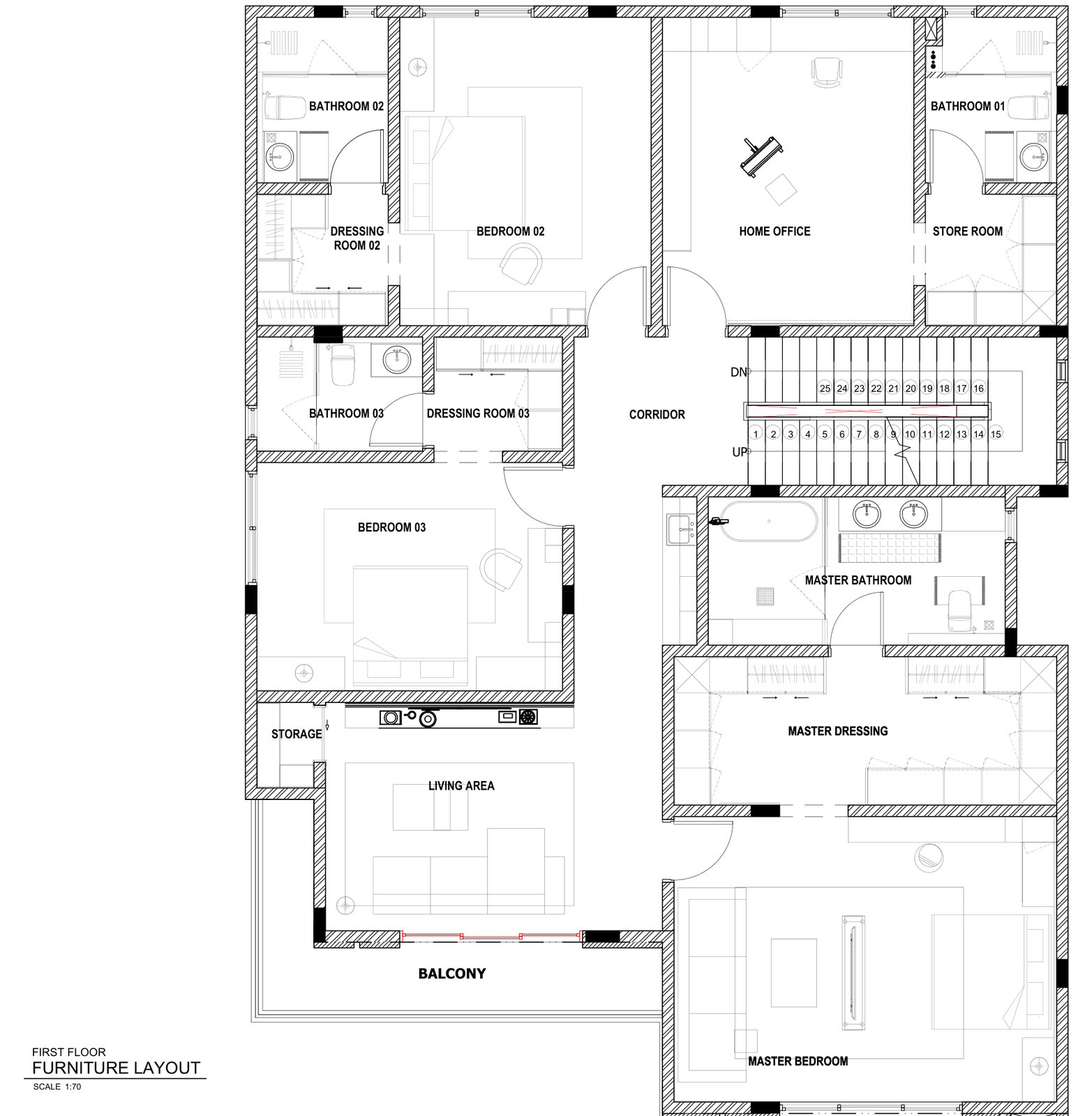 2D furniture layout drawing of a villa first floor with bedrooms, dressing rooms, bathrooms and a home office