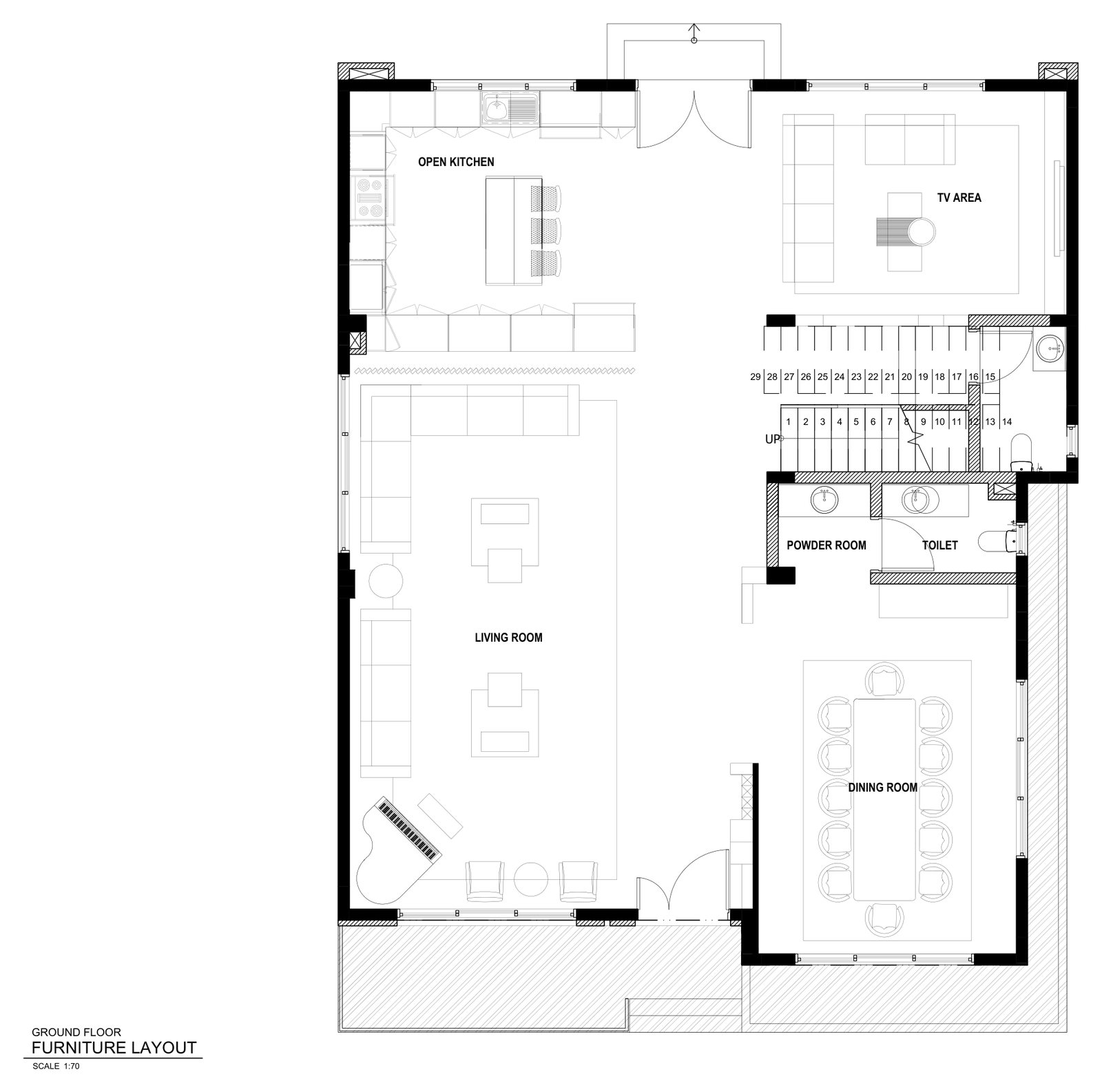 2D furniture layout drawing of a villa ground floor with living, dining, open kitchen and TV area