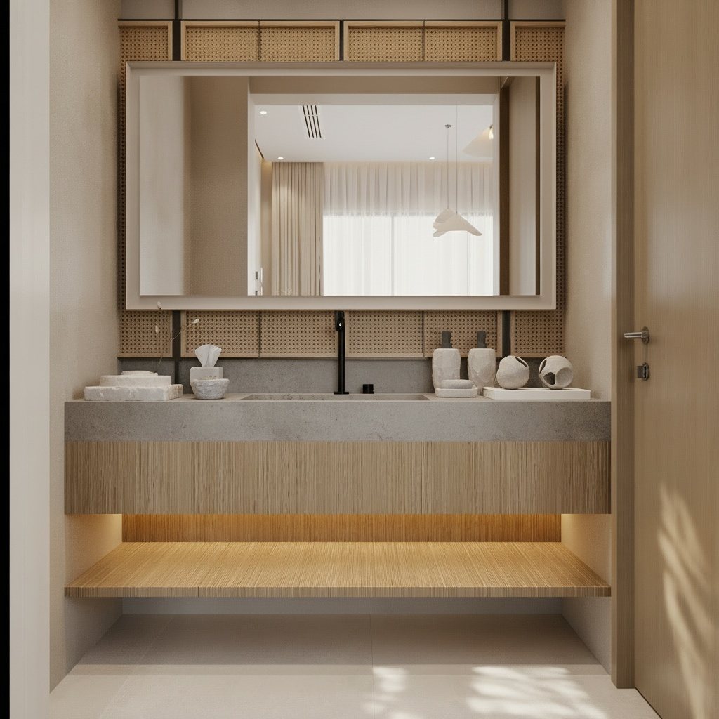 3D render of a powder room with a floating oak vanity, stone basin top and a framed mirror