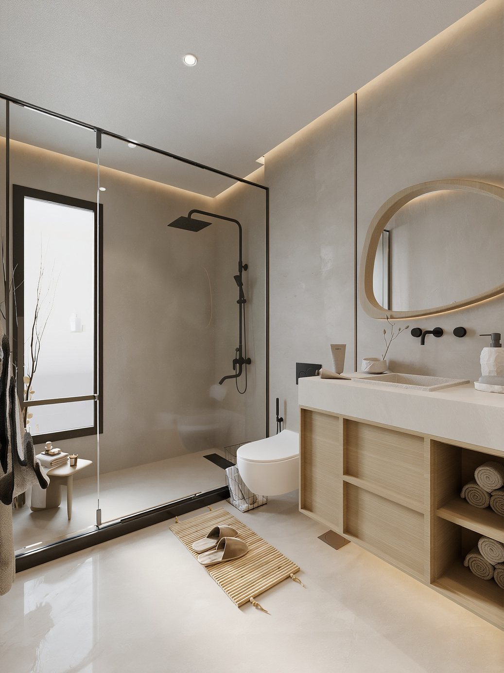 3D render of a shower room with a glass enclosure, oak vanity and an oval mirror