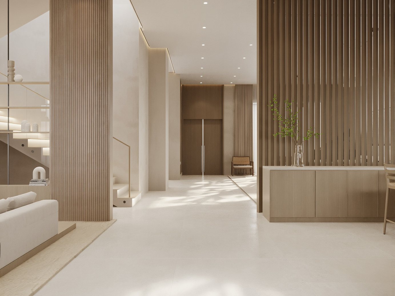 3D render of a villa stair hall with oak wall cladding, a floating staircase and an island console
