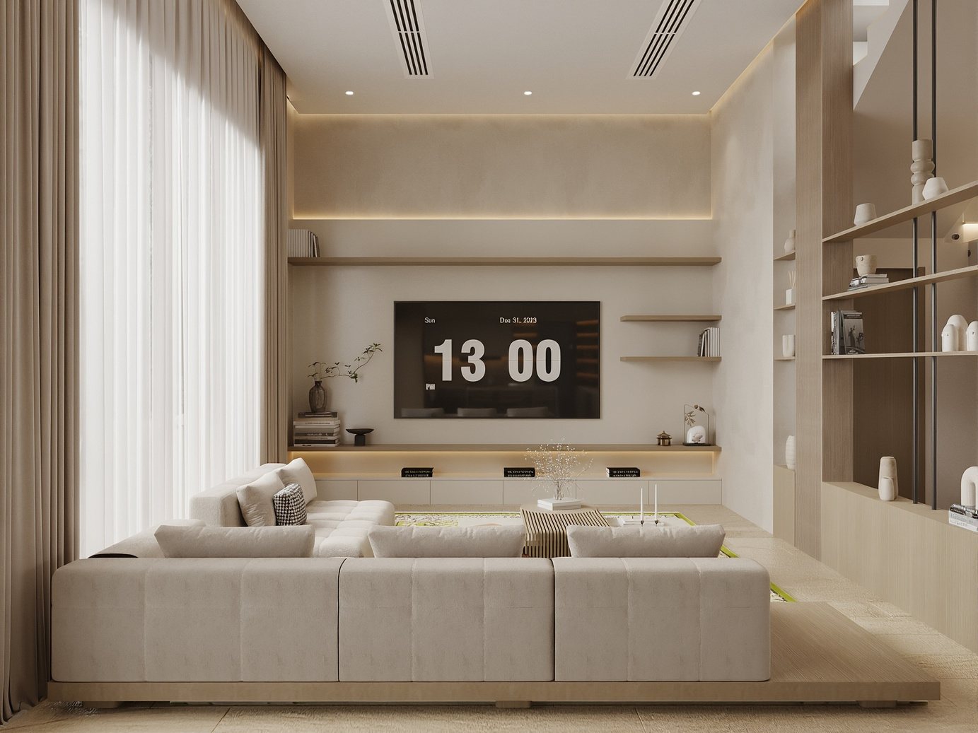3D render of a family TV area with a built-in TV wall, open display shelving and a large sectional sofa