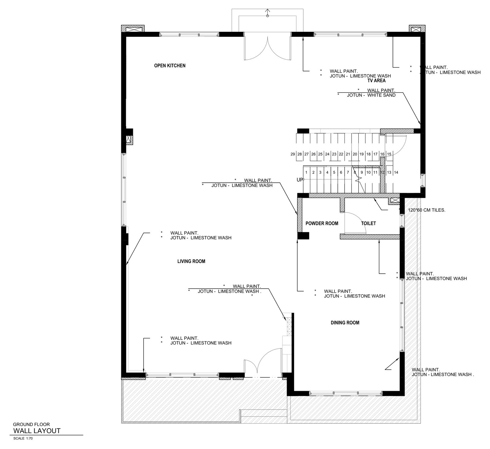 2D wall finishes layout of a villa ground floor with paint and cladding notes