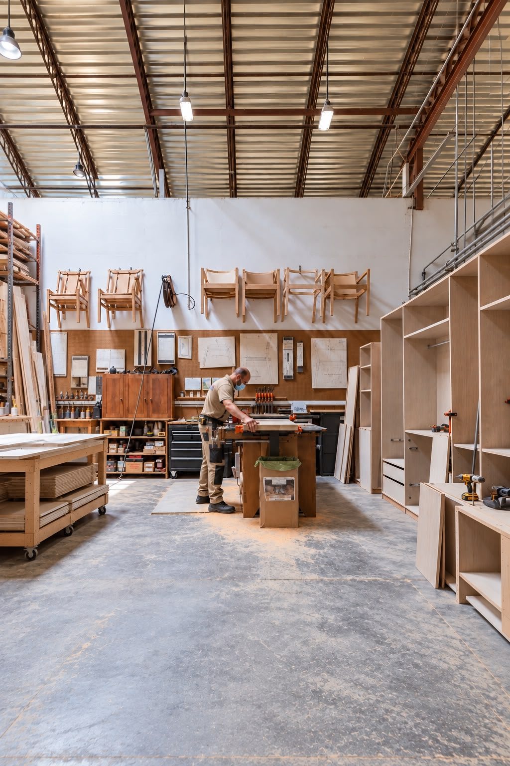 Hakeem Interior Decor workshop with a craftsman at the workbench and custom cabinets being built